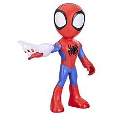 a spider - man figure is shown with his hands out to the side, while holding a white object in one hand