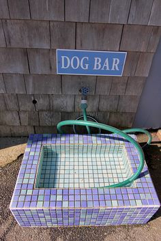 a blue and purple tiled bench with a dog bar sign on it's side