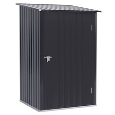 an outdoor storage shed with the door open and side panels closed, on a white background