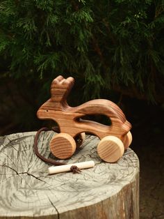 a wooden toy car sitting on top of a tree stump