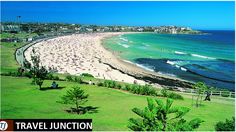 an aerial view of a beach and ocean with people on the grass in front of it