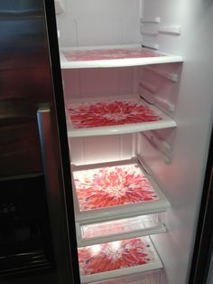 an open refrigerator with its door wide open and the light shining on it's glass shelves