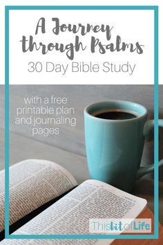 a coffee cup and an open book on a table with the title, a journey through kleens 30 day bible study