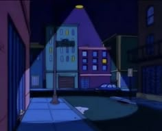 an animated city street at night with buildings