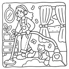 a black and white drawing of a woman vacuuming the floor with her teddy bear