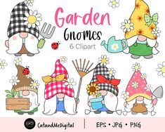 garden gnomes clipart set with flowers, plants and potted plants on them