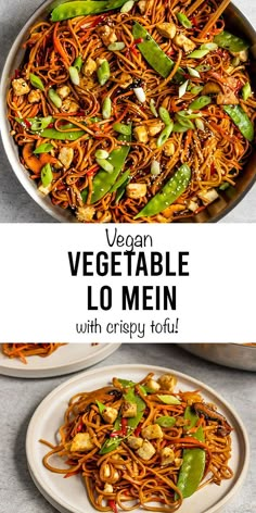 vegan vegetable lo mein with crispy tofu in a skillet on the side