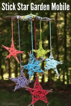 three star mobiles made out of sticks and string with text overlay that says stick star garden mobile