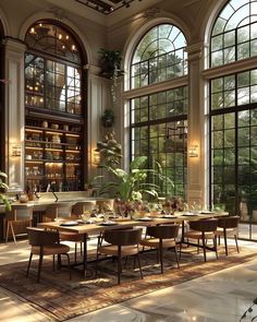 a large dining room with lots of windows