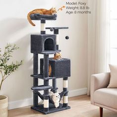 Plush Cat Stand with Two Caves & Hammock Cat Climbing Frame, Natural Sisal, Cat Scratching Post, Cat Climbing