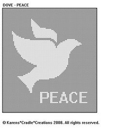 a cross stitch pattern with the words peace in white on it and an image of a dove