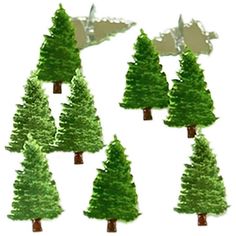 some green trees that are in the shape of small trees on a white background with snow