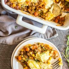 a casserole dish filled with vegetables and topped with a serving spoon on a plate