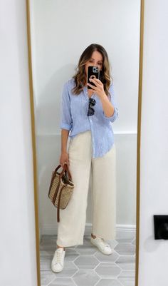 Casual Work Outfits Summer Office Wear, Tan Linen Pants Outfit, Linen Pants Outfit Summer, White Linen Pants Outfit, Wide Pants Outfit, Trousers Women Outfit, Linen Pants Style, Linen Pants Outfit, White Pants Outfit