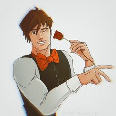 a man in a vest and bow tie is holding a spoon with food on it