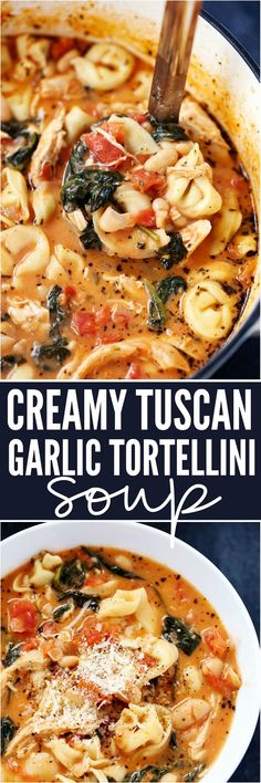 creamy tuscann garlic tortelli soup in a white bowl