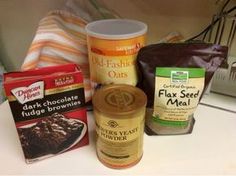 the ingredients for chocolate fudge brownies are sitting on the counter next to each other