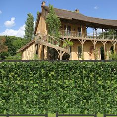 the house is surrounded by hedges and trees