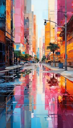 a painting of a city street with tall buildings