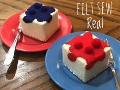 two pieces of cake sitting on top of red, white and blue plates next to each other