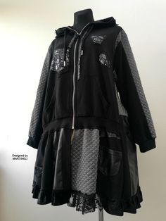 Avian Character, Skull Patches, Black Hooded Coat, Patchwork Hoodie, Duster Dress, Handmade Clothing, Plus Size Black, Quilted Fabric, Velvet Lace