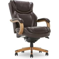 a brown office chair with wooden arms