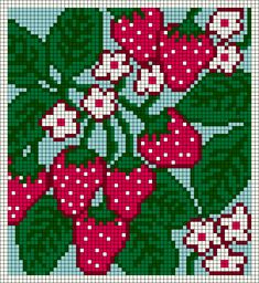 a cross stitch pattern with red and white flowers on green leafy stems in the center