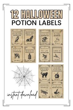 an image of halloween labels with the words, 12 halloween potton labels in black and white