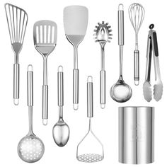 an assortment of kitchen utensils are shown