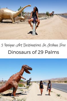 two photos with the words dinosaurs of 29 palms and an image of a woman standing in front of a dinosaur statue