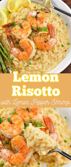 lemon risotto with shrimp and asparagus served in a white bowl