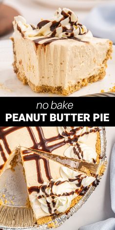 no bake peanut butter pie on a plate with a slice cut out and ready to be eaten