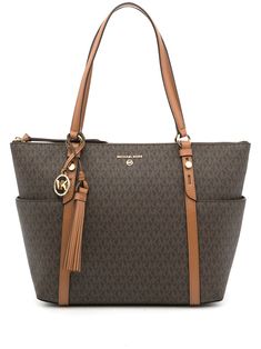 Brown leather monogram-print leather tote bag from MICHAEL MICHAEL KORS featuring grained texture, gold-tone logo plaque, monogram pattern, two top handles, gold-tone hardware, top zip fastening, internal zip pocket, main compartment and two side pouch pockets. | MICHAEL Michael Kors Monogram-Print Leather Tote Bag Michael Kors Bag Brown, Leather Monogram, Michael Kors Tote Bags, Monogram Pattern, Monogram Prints, Gold Texture, Printed Leather, Leather Tote Bag, Michael Kors Bag