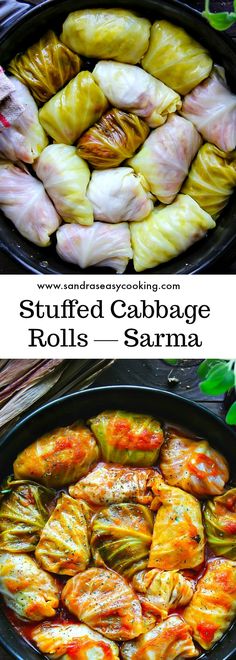 stuffed cabbage rolls in a cast iron skillet with text overlay that reads stuffed cabbage rolls - sarma