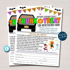 a trick or treat halloween party ticket for kids to play in the trunk and drive