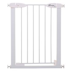 the baby gate is white and has two handles