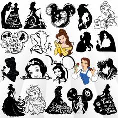 disney princess silhouettes are shown in black and white