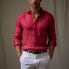 Mens Linen Shirt EMBER in Red Red Shirt Outfit Men, Mens Linen Shirts Summer, Red Shirt Men, Red Button Up Shirt, Linen Pajamas, Linen Suits