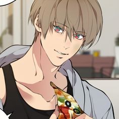 an anime character is holding a pizza in his right hand and looking at the camera