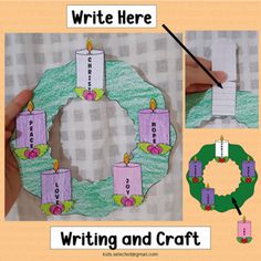 a wreath made out of paper with candles on it and the words writing and craft written below