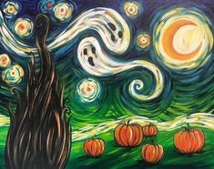 an artistic painting with pumpkins in the foreground and a starry night background