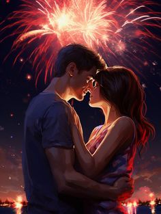 a man and woman kissing in front of fireworks on the water with their arms around each other