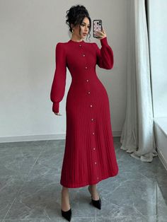 Women Casual Elegant Front Button Waist Cinched Waist Sweater Dress, Autumn/Winter Red Elegant  Long Sleeve Knitwear Plain  Medium Stretch  Women Clothing, size features are:Bust: ,Length: ,Sleeve Length: Red Long Sweater Dress, Ribbed Red Winter Dress, Red Knit Winter Dress, New Year Clothes, Red Knitted Sweater Dress, Red Long Sleeve Fitted Sweater Dress, Belted Sweater, Dress Autumn, Wrap Mini Skirt