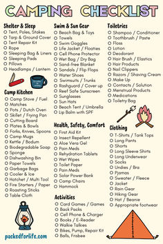 Camping Checklist for shelter, sun gear, activities, health and safety, clothing toiletries, camp kitchen Checklist For Camping, Camping Stuff Packing Lists, Tent Camping Checklist For Two, Camping Needs List, Camping With Kids Checklist, 2 Day Camping Checklist, Things To Do On A Camping Trip, River Camping Checklist, Camping Basics For Beginners