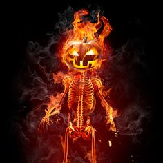 a skeleton with a pumpkin on it's head in the middle of flames royalty illustration