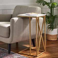 a living room with a chair, rug and potted plant on the side table