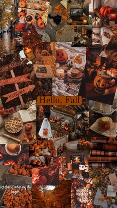 a collage of photos with pumpkins and other items