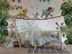 a child's room with jungle animals on the tree branch and palm trees in the background