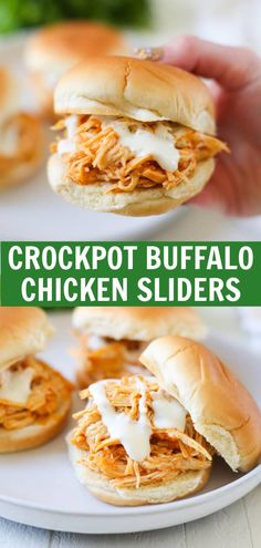 Slow Cooker Buffalo Chicken Sliders are a quick and easy weeknight dinner or party snack! Chicken cooked in buffalo sauce and ranch seasoning until it shreds easily. Serve on slider buns with ranch dressing drizzled on top.