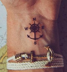 a woman's wrist tattoo with an anchor and ship wheel on her left hand